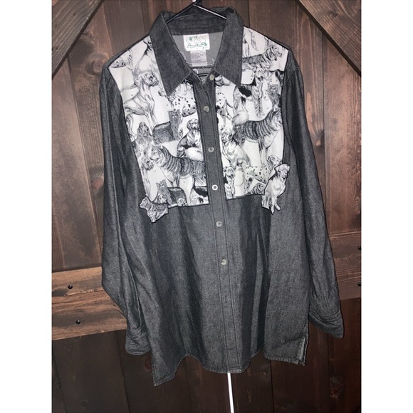 The Quacker Factory LARGE Embroidered Denim Shirt Dogs Fido Beaded Rhinestone - Picture 1 of 7
